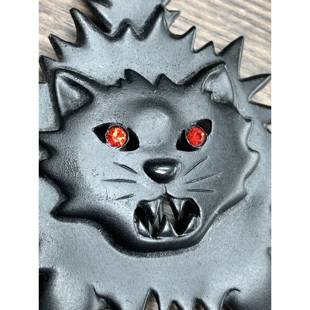 Vintage JJ Signed Pewter Rhinestone Halloween Scaredy Cat Brooch Pin Goth